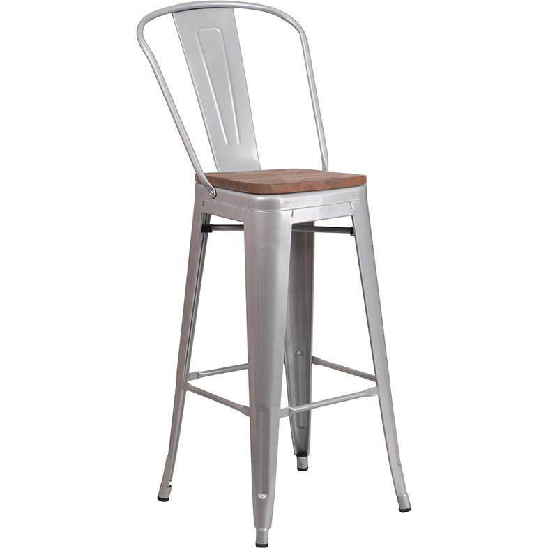 30" High Silver Metal Barstool With Back And Wood Seat By Flash Furniture | Bar Stools | Modishstore - 1