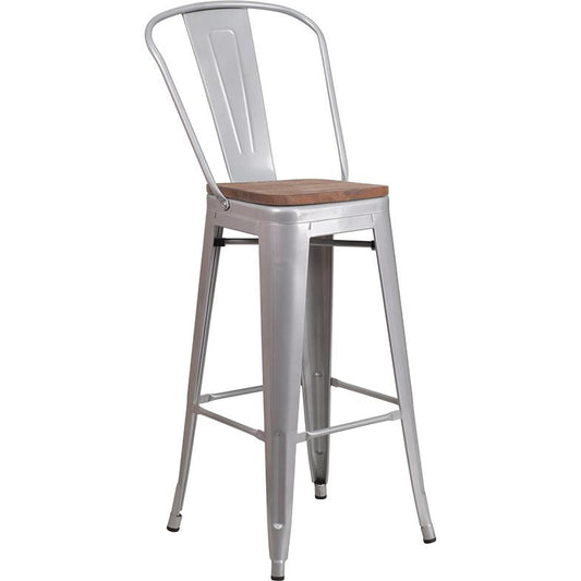 30" High Silver Metal Barstool With Back And Wood Seat By Flash Furniture | Bar Stools | Modishstore