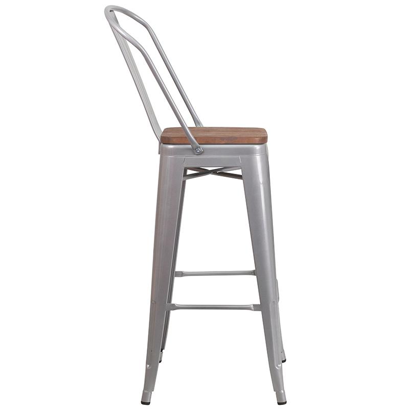 30" High Silver Metal Barstool With Back And Wood Seat By Flash Furniture | Bar Stools | Modishstore - 2