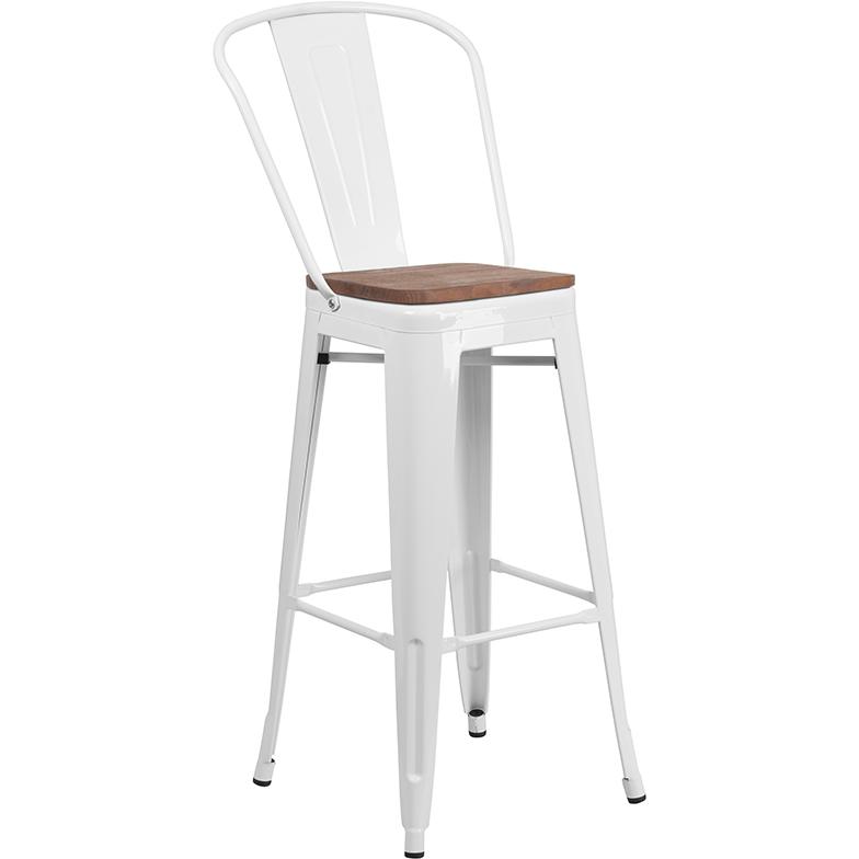 30" High White Metal Barstool With Back And Wood Seat By Flash Furniture | Bar Stools | Modishstore