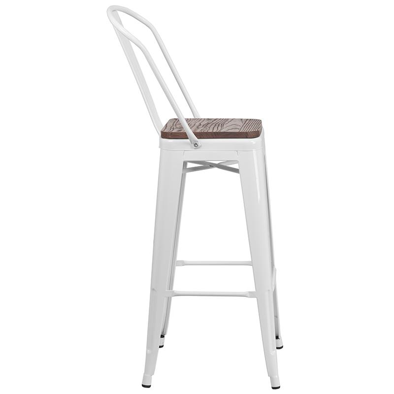 30" High White Metal Barstool With Back And Wood Seat By Flash Furniture | Bar Stools | Modishstore - 2