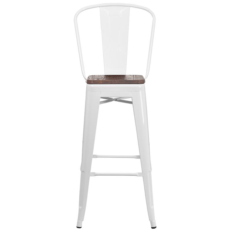 30" High White Metal Barstool With Back And Wood Seat By Flash Furniture | Bar Stools | Modishstore - 4