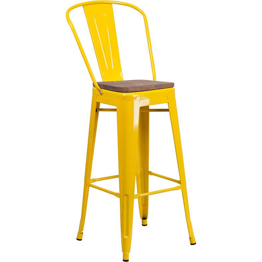 30" High Yellow Metal Barstool With Back And Wood Seat By Flash Furniture | Bar Stools | Modishstore
