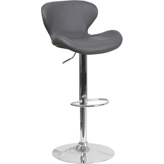 Contemporary Gray Vinyl Adjustable Height Barstool With Curved Back And Chrome Base By Flash Furniture | Bar Stools | Modishstore - 1