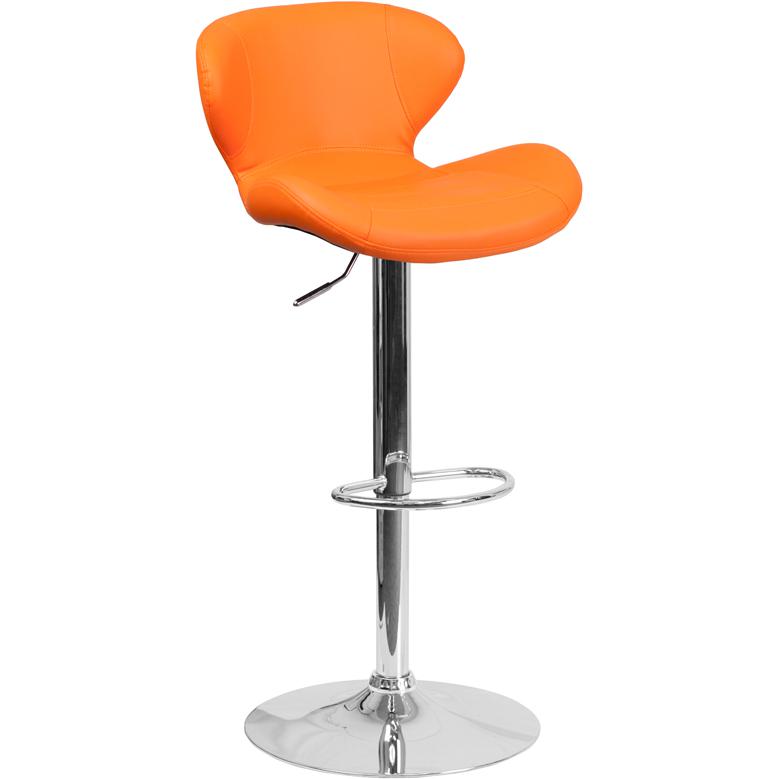 Contemporary Orange Vinyl Adjustable Height Barstool With Curved Back And Chrome Base By Flash Furniture | Bar Stools | Modishstore - 1