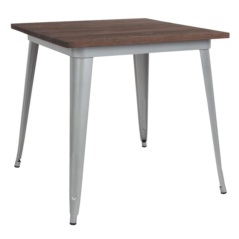 31.5" Square Silver Metal Indoor Table With Walnut Rustic Wood Top By Flash Furniture | Dining Tables | Modishstore - 1