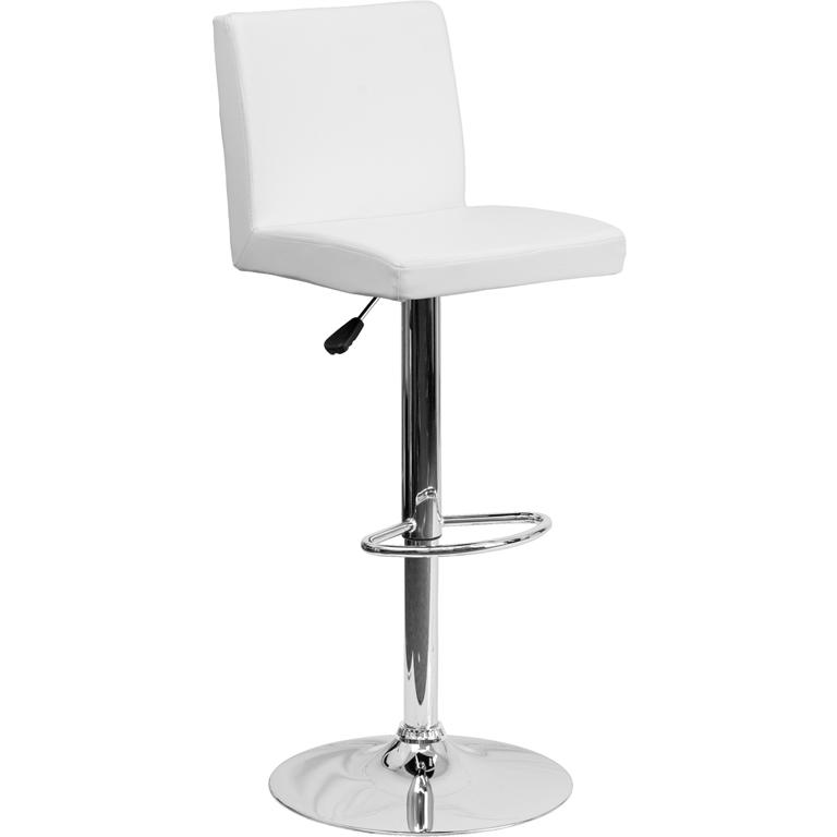 Contemporary White Vinyl Adjustable Height Barstool With Panel Back And Chrome Base By Flash Furniture | Bar Stools | Modishstore