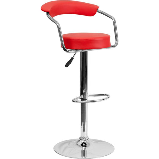 Contemporary Red Vinyl Adjustable Height Barstool With Arms And Chrome Base By Flash Furniture | Bar Stools | Modishstore - 1