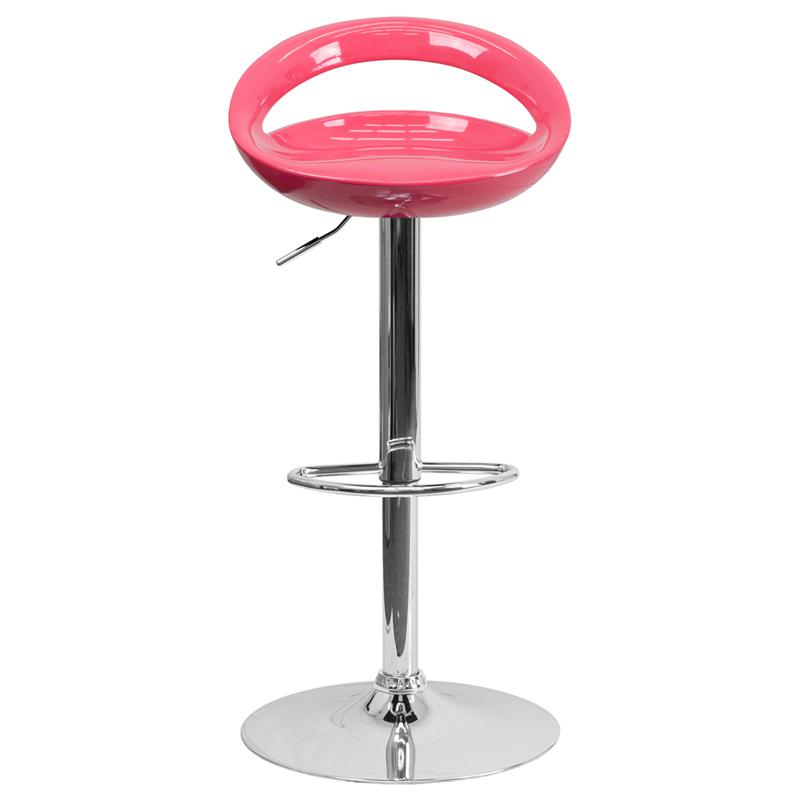 Contemporary Pink Plastic Adjustable Height Barstool With Rounded Cutout Back And Chrome Base By Flash Furniture | Bar Stools | Modishstore - 4