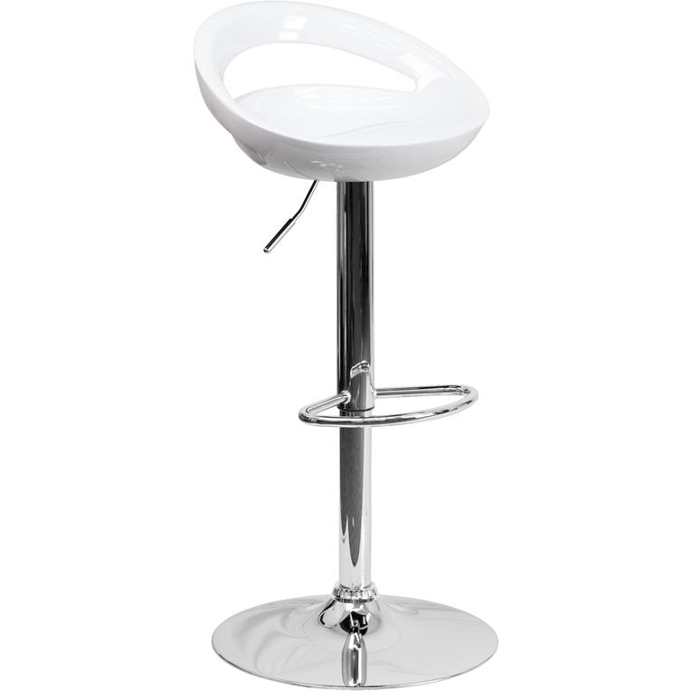 Contemporary White Plastic Adjustable Height Barstool With Rounded Cutout Back And Chrome Base By Flash Furniture | Bar Stools | Modishstore - 1