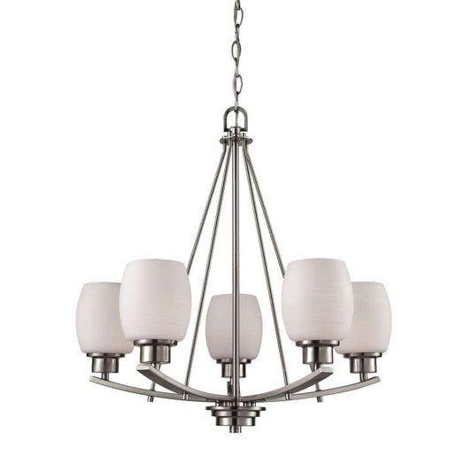 Casual Mission 5-Light Chandelier in in Brushed Nickel with White Lined Glass | Chandeliers | Modishstore