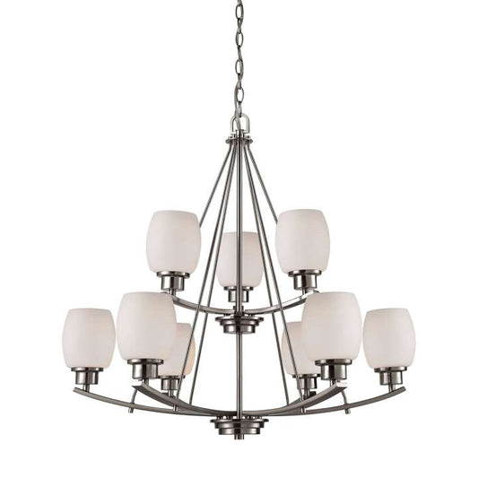 Casual Mission 9-Light Chandelier in in Brushed Nickel with White Lined Glass | Chandeliers | Modishstore