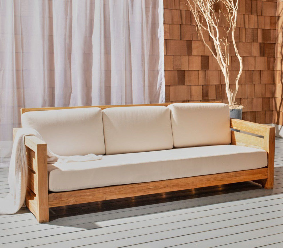 Safavieh Guadeloupe Teak 3-Seat Sofa - Natural | Outdoor Sofas, Loveseats & Sectionals | Modishstore - 5