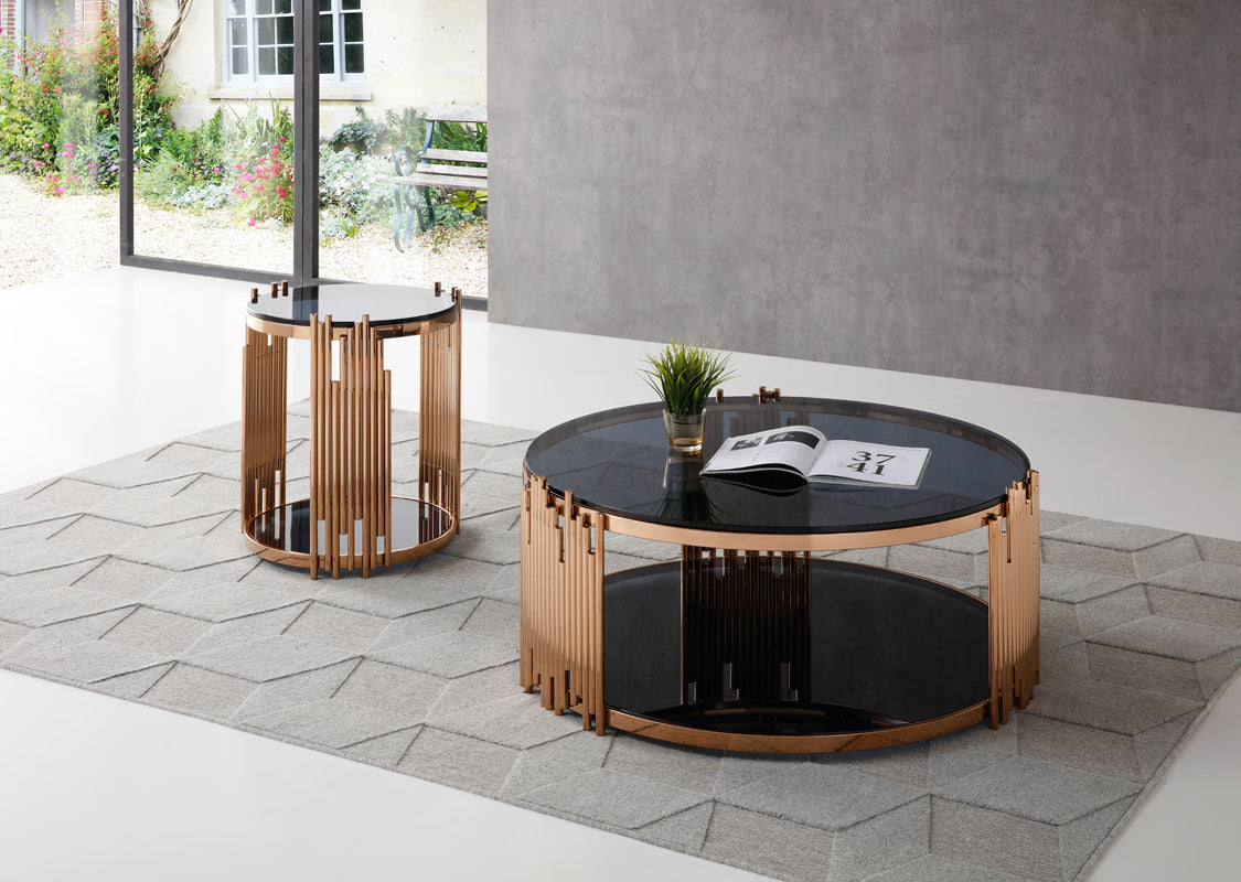 Modrest Bryce Modern Smoked Glass & Rosegold Round End Table | End Tables | Modishstore