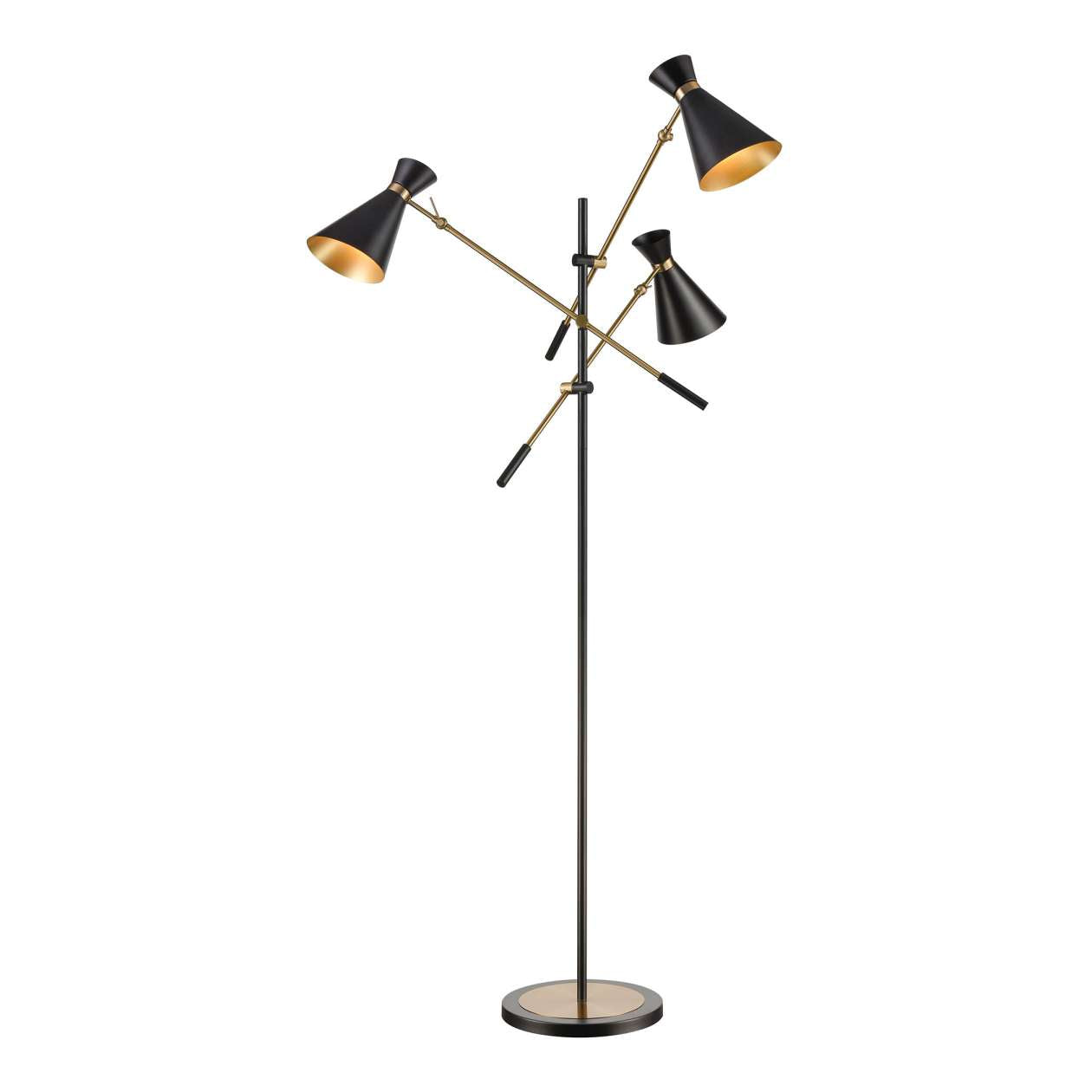 Chiron 3-Light Adjustable Floor Lamp in Black and Aged Brass with Black Metal Shades ELK Home | Floor Lamps | Modishstore