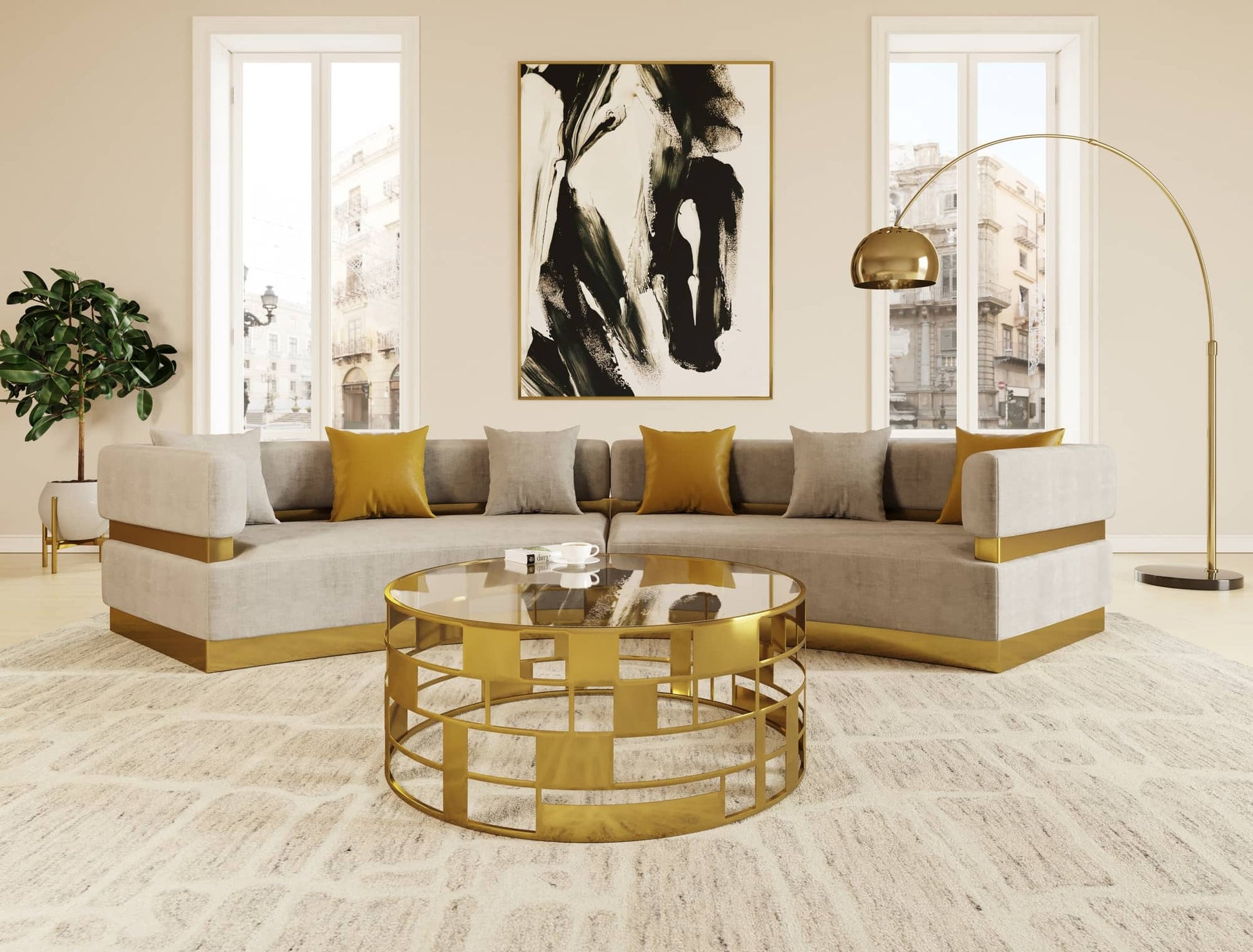 Divani Casa Kiva - Glam Beige and Gold Fabric Sectional Sofa-2