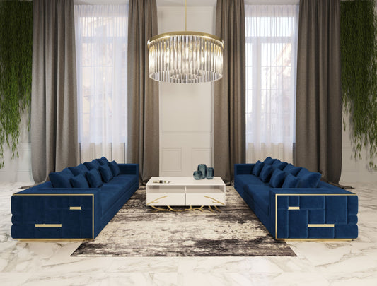 Divani Casa Mobray - Glam Blue & Gold Fabric Sofa | Modishstore | Sofas