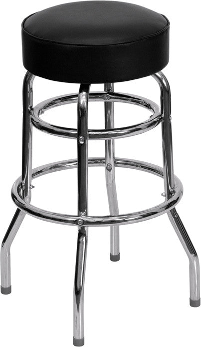 Flash Furniture XU-D-100-GG Double Ring Chrome Barstool With Black Seat | Bar Stools | Modishstore