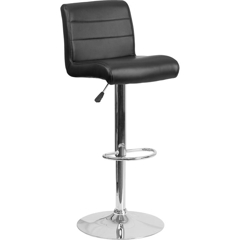 Contemporary Black Vinyl Adjustable Height Barstool With Rolled Seat And Chrome Base By Flash Furniture | Bar Stools | Modishstore - 1