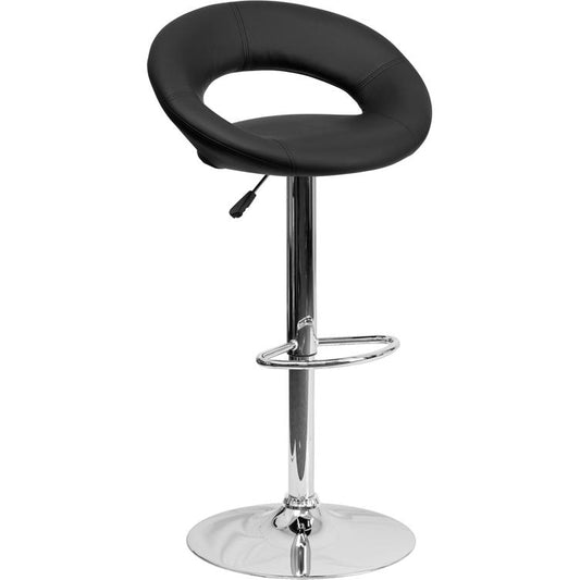 Contemporary Black Vinyl Rounded Orbit-Style Back Adjustable Height Barstool With Chrome Base By Flash Furniture | Bar Stools | Modishstore