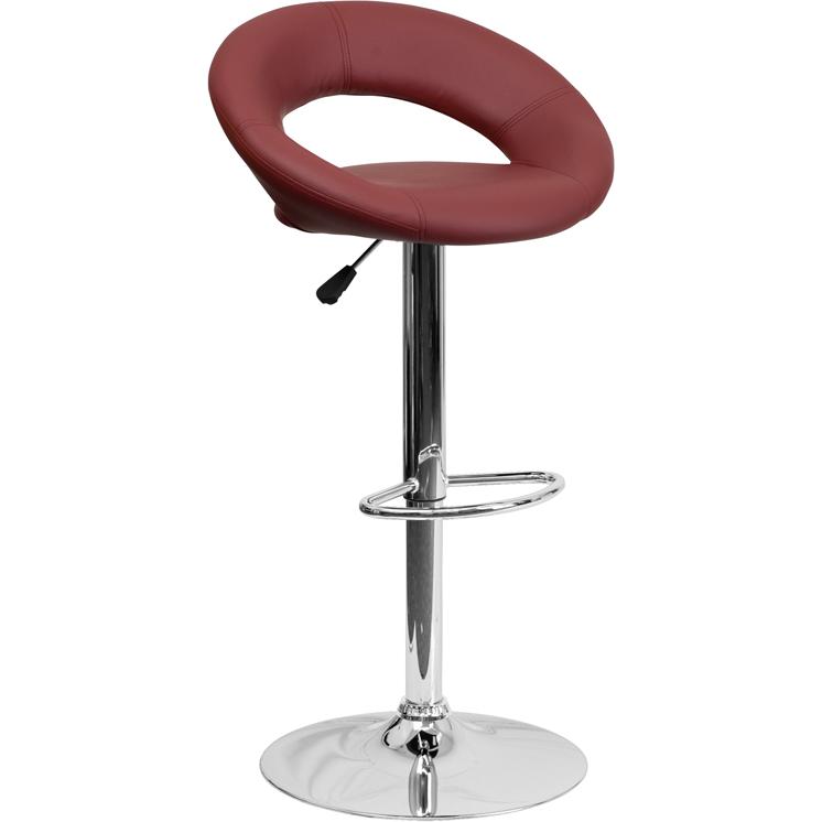 Contemporary Burgundy Vinyl Rounded Orbit-Style Back Adjustable Height Barstool With Chrome Base By Flash Furniture | Bar Stools | Modishstore - 1