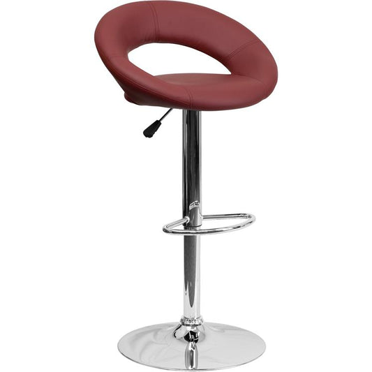 Contemporary Burgundy Vinyl Rounded Orbit-Style Back Adjustable Height Barstool With Chrome Base By Flash Furniture | Bar Stools | Modishstore - 1