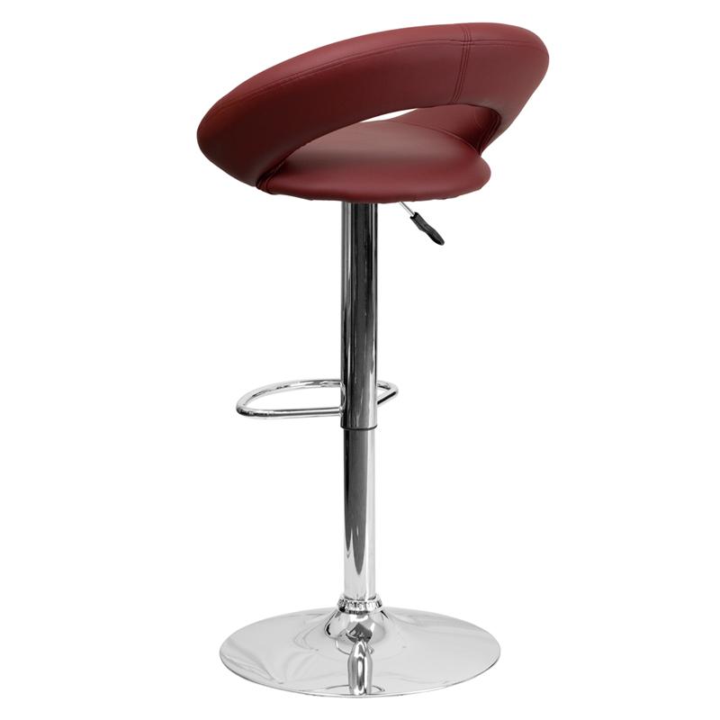 Contemporary Burgundy Vinyl Rounded Orbit-Style Back Adjustable Height Barstool With Chrome Base By Flash Furniture | Bar Stools | Modishstore - 3