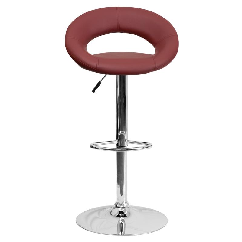Contemporary Burgundy Vinyl Rounded Orbit-Style Back Adjustable Height Barstool With Chrome Base By Flash Furniture | Bar Stools | Modishstore - 4