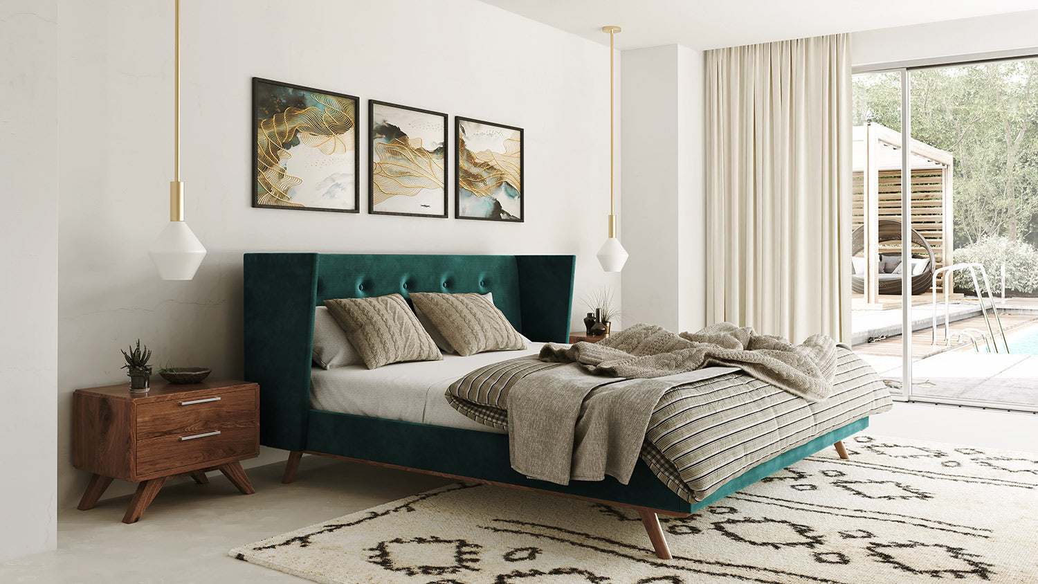 Nova Domus Durango Modern Green Fabric & Walnut Bed | Beds | Modishstore