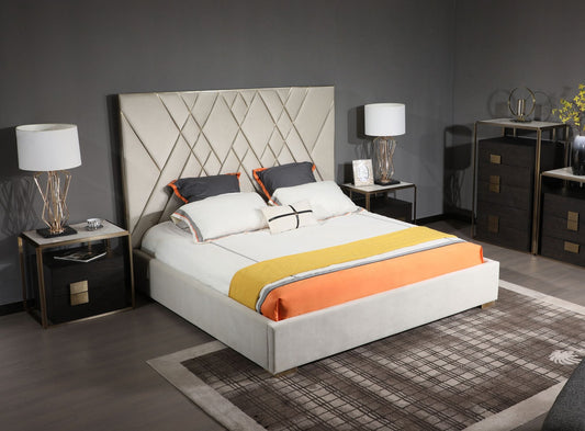 Modrest Eldora - Glam Beige Velvet and Brushed Brass Bed | Beds | Modishstore