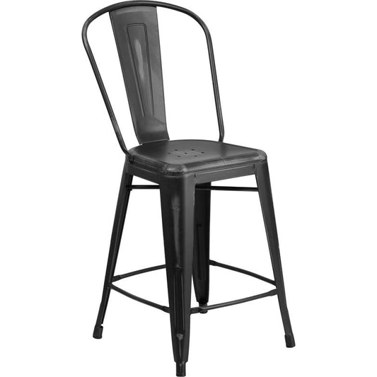 Commercial Grade 24" High Distressed Black Metal Indoor-Outdoor Counter Height Stool With Back By Flash Furniture | Dining Chairs | Modishstore