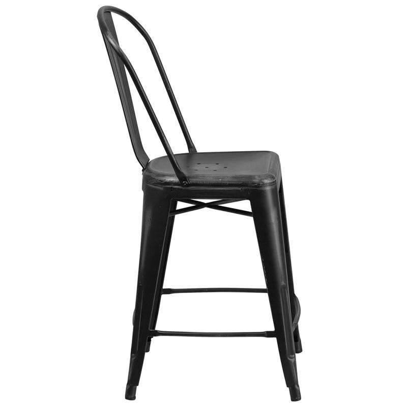 Commercial Grade 24" High Distressed Black Metal Indoor-Outdoor Counter Height Stool With Back By Flash Furniture | Dining Chairs | Modishstore - 2