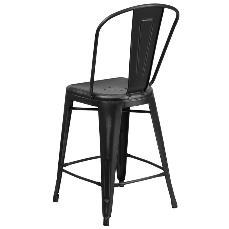 Commercial Grade 24" High Distressed Black Metal Indoor-Outdoor Counter Height Stool With Back By Flash Furniture | Dining Chairs | Modishstore - 3