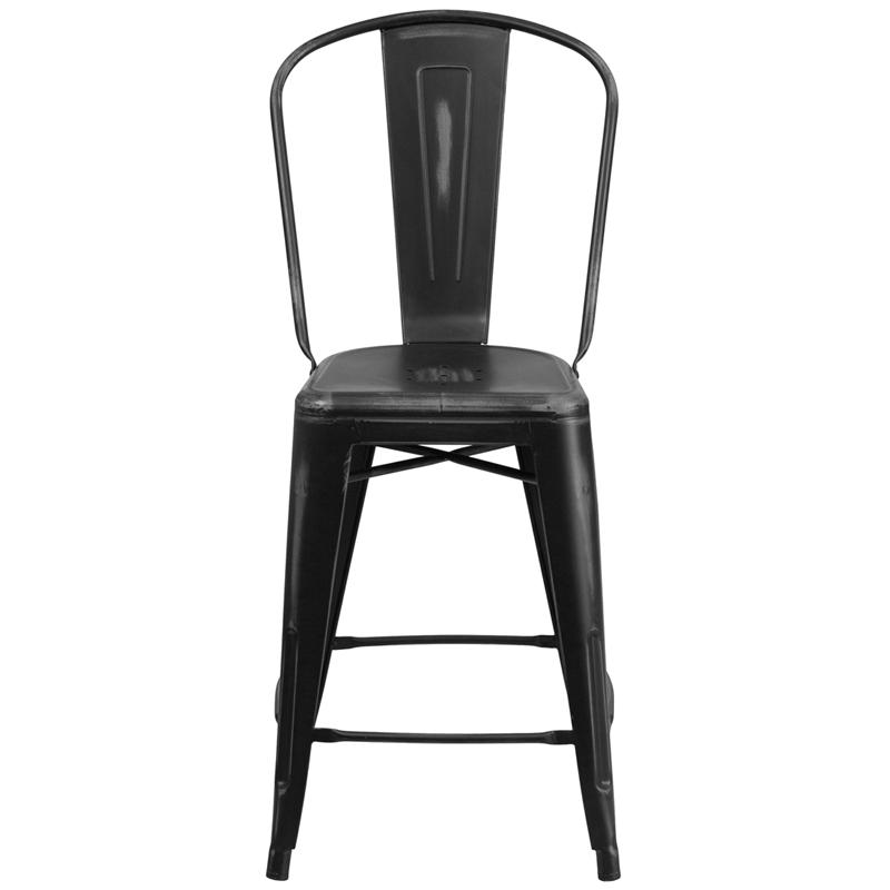 Commercial Grade 24" High Distressed Black Metal Indoor-Outdoor Counter Height Stool With Back By Flash Furniture | Dining Chairs | Modishstore - 4