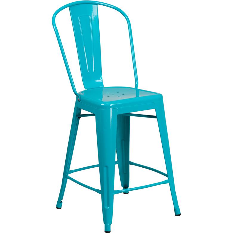 Commercial Grade 24" High Crystal Teal-Blue Metal Indoor-Outdoor Counter Height Stool With Back By Flash Furniture | Dining Chairs | Modishstore - 1