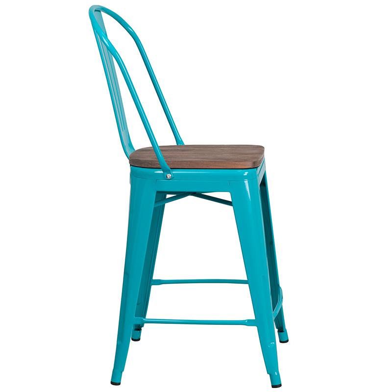 24" High Crystal Teal-Blue Metal Counter Height Stool With Back And Wood Seat By Flash Furniture | Bar Stools | Modishstore - 2