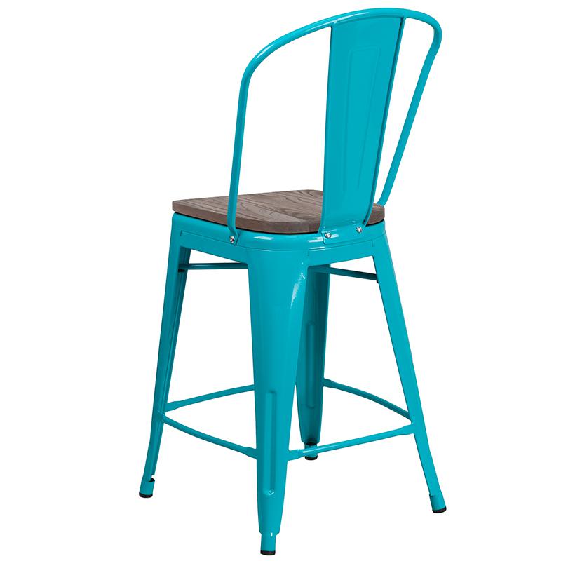24" High Crystal Teal-Blue Metal Counter Height Stool With Back And Wood Seat By Flash Furniture | Bar Stools | Modishstore - 3