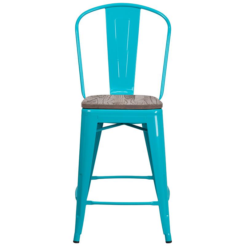 24" High Crystal Teal-Blue Metal Counter Height Stool With Back And Wood Seat By Flash Furniture | Bar Stools | Modishstore - 4