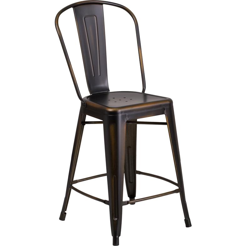 Commercial Grade 24" High Distressed Copper Metal Indoor-Outdoor Counter Height Stool With Back By Flash Furniture | Dining Chairs | Modishstore