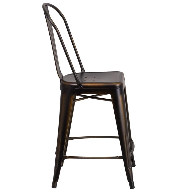 Commercial Grade 24" High Distressed Copper Metal Indoor-Outdoor Counter Height Stool With Back By Flash Furniture | Dining Chairs | Modishstore - 2