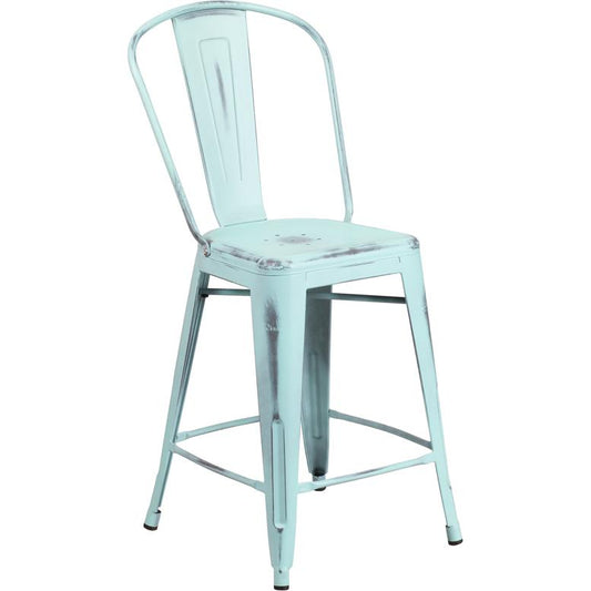 Commercial Grade 24" High Distressed Green-Blue Metal Indoor-Outdoor Counter Height Stool With Back By Flash Furniture | Dining Chairs | Modishstore - 1