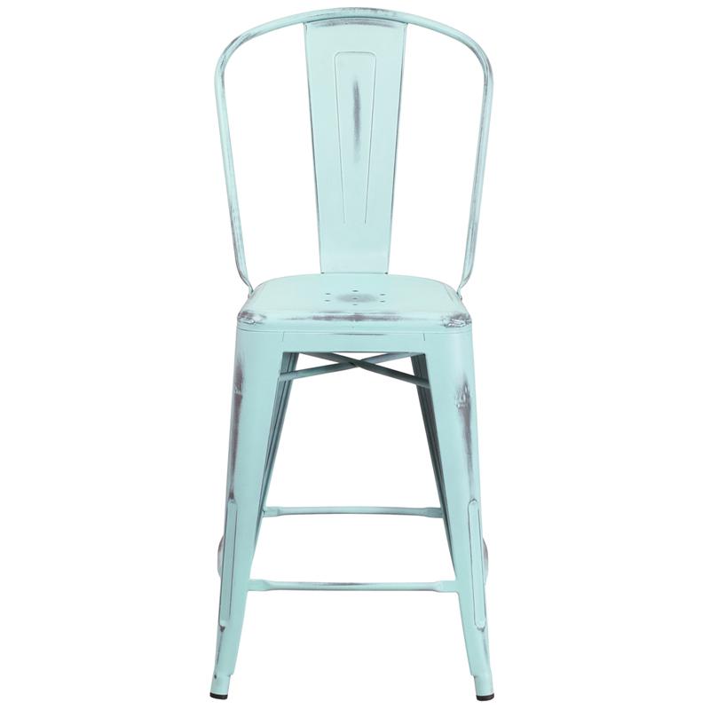 Commercial Grade 24" High Distressed Green-Blue Metal Indoor-Outdoor Counter Height Stool With Back By Flash Furniture | Dining Chairs | Modishstore - 4