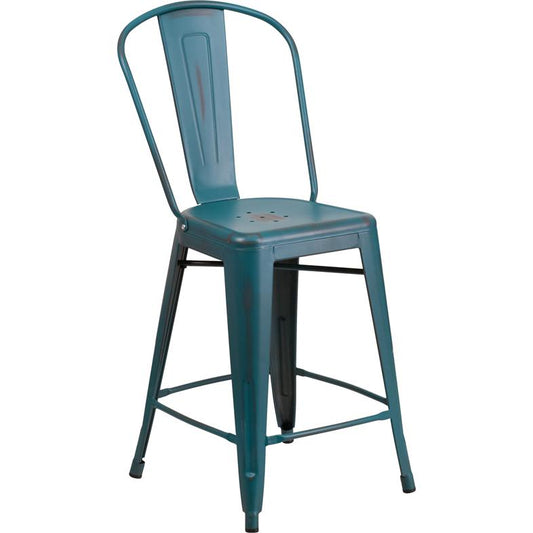 Commercial Grade 24" High Distressed Kelly Blue-Teal Metal Indoor-Outdoor Counter Height Stool With Back By Flash Furniture | Dining Chairs | Modishstore