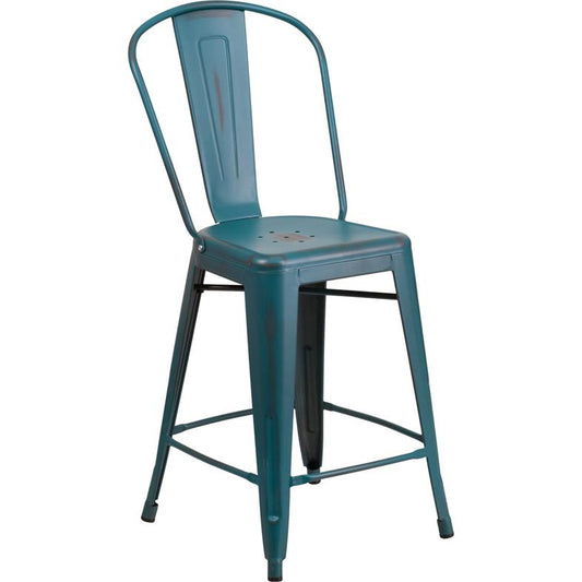 Commercial Grade 24" High Distressed Kelly Blue-Teal Metal Indoor-Outdoor Counter Height Stool With Back By Flash Furniture | Dining Chairs | Modishstore - 1