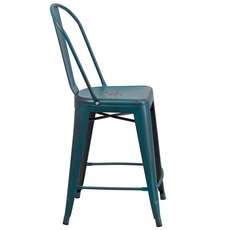Commercial Grade 24" High Distressed Kelly Blue-Teal Metal Indoor-Outdoor Counter Height Stool With Back By Flash Furniture | Dining Chairs | Modishstore - 2
