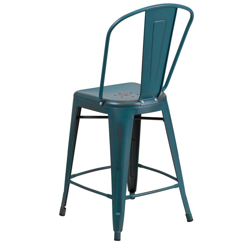 Commercial Grade 24" High Distressed Kelly Blue-Teal Metal Indoor-Outdoor Counter Height Stool With Back By Flash Furniture | Dining Chairs | Modishstore - 3