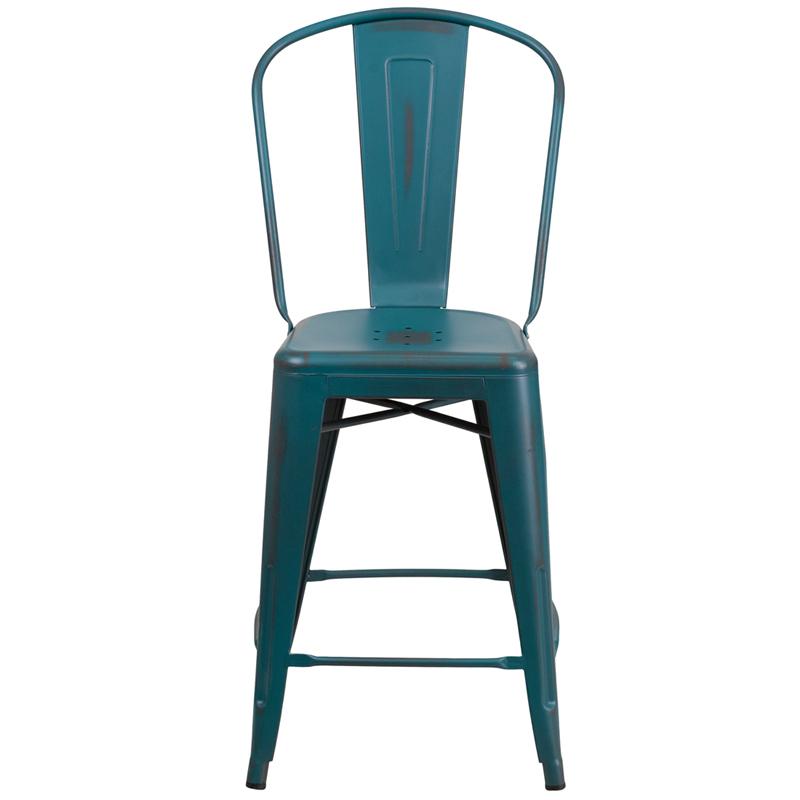 Commercial Grade 24" High Distressed Kelly Blue-Teal Metal Indoor-Outdoor Counter Height Stool With Back By Flash Furniture | Dining Chairs | Modishstore - 4