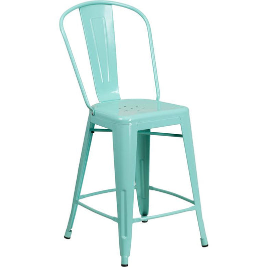 Commercial Grade 24" High Mint Green Metal Indoor-Outdoor Counter Height Stool With Back By Flash Furniture | Dining Chairs | Modishstore