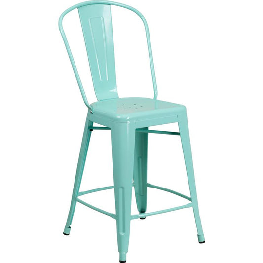 Commercial Grade 24" High Mint Green Metal Indoor-Outdoor Counter Height Stool With Back By Flash Furniture | Dining Chairs | Modishstore - 1