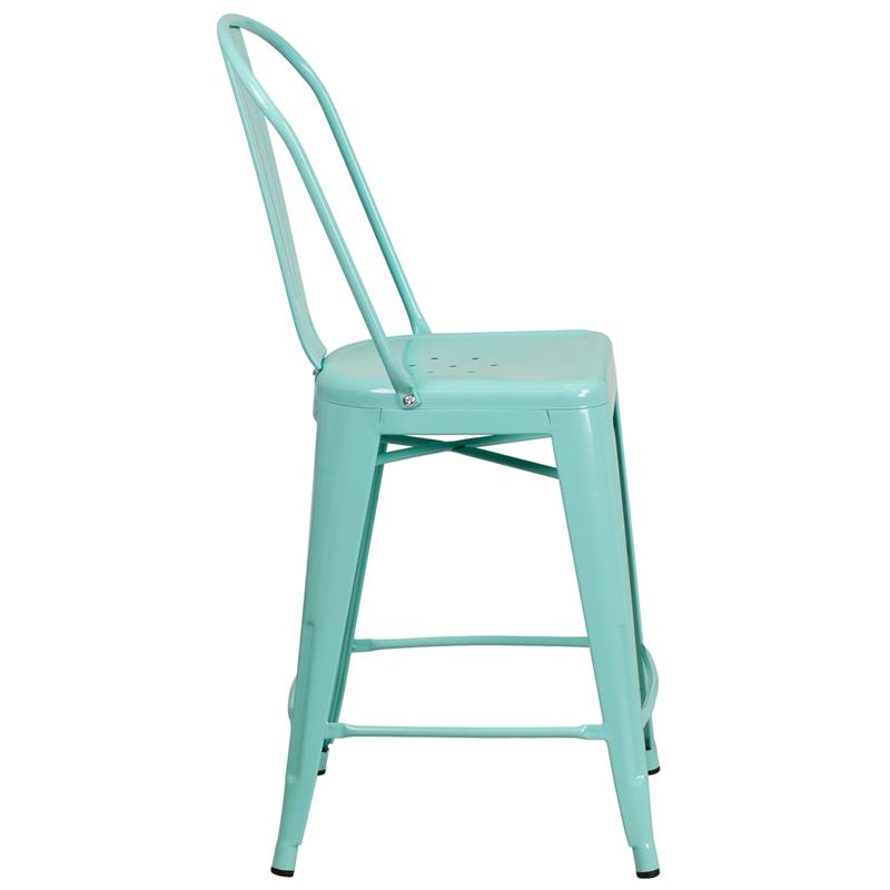 Commercial Grade 24" High Mint Green Metal Indoor-Outdoor Counter Height Stool With Back By Flash Furniture | Dining Chairs | Modishstore - 2